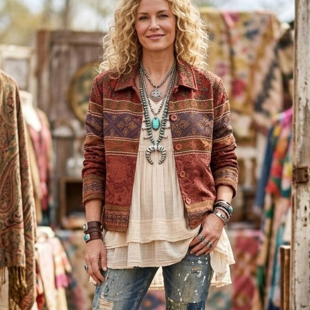 Vintage Coldwater Creek Patchwork Jacket Bohemian Tapestry Ethnic Paisley size M
